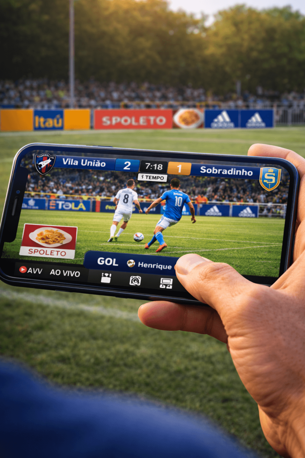 Colocar placar, comerciais, logos e textos na tela com visual esportivo e envolvente.